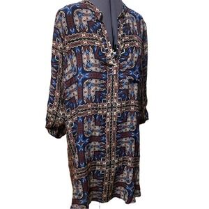 Anthro Tolani long sleeve 100% silk shift shirt dress boho size boho aztec